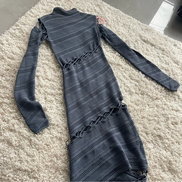 Dion Lee Slate Blue Long Sleeve Crochet Knit High Neck Lace-Up Dress - Picture 2 of 9